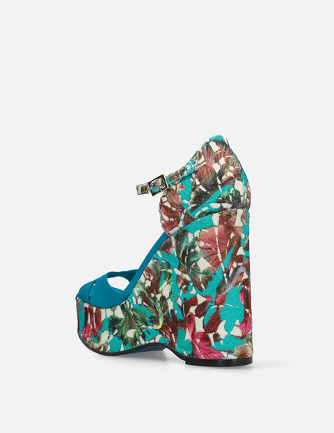 Sandalia tacón alto de cuña en piel napa y textil floral