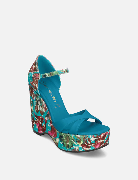 Sandalia tacón alto de cuña en piel napa y textil floral