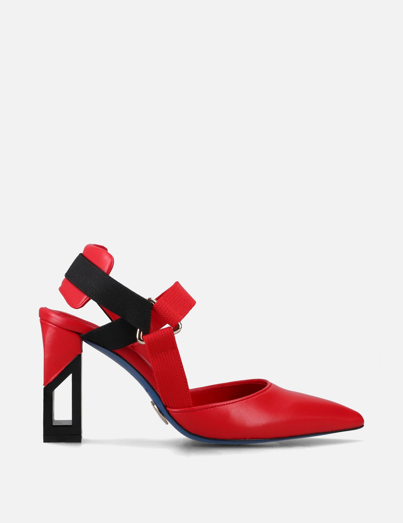 Zapatilla destalonada en piel napa con elasticos bicolor rojo y negro