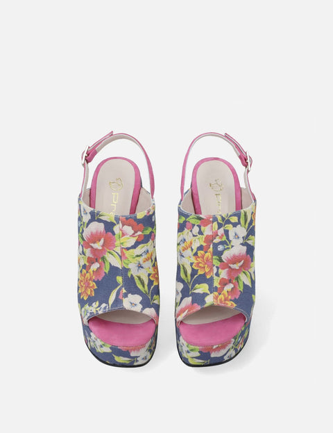 Zueco de cuña alta en textil floral multicolor