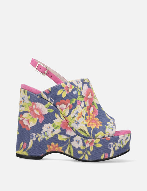 Zueco de cuña alta en textil floral multicolor