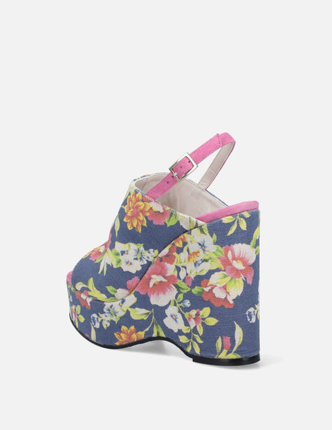 Zueco de cuña alta en textil floral multicolor