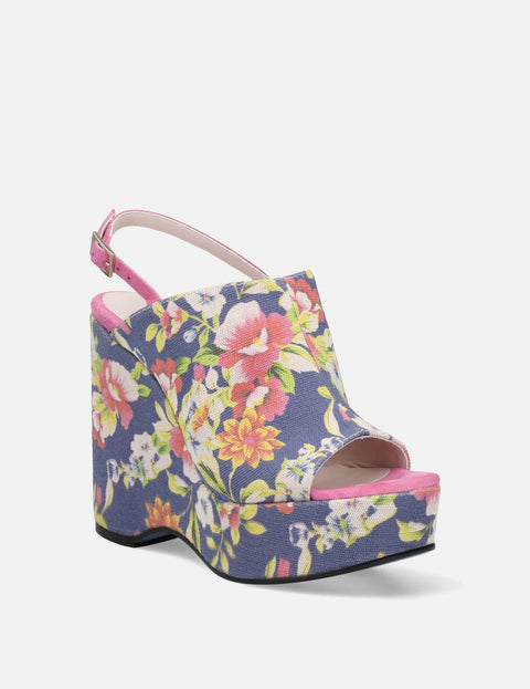 Zueco de cuña alta en textil floral multicolor
