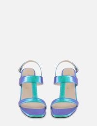 Sandalia en piel metalizada color azul para mujer