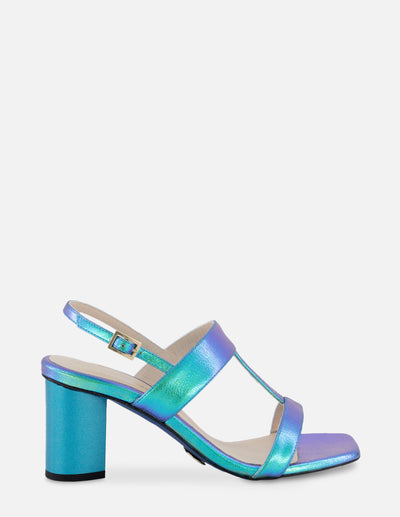 Sandalia en piel metalizada color azul para mujer