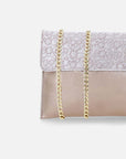 Bolso clutch con solapa de ante grabado y caja de piel metalizada color oro beige para mujer