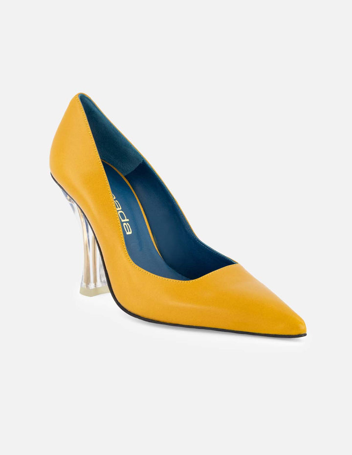 Zapatilla en piel napa color amarillo con tacón transparente para mujer