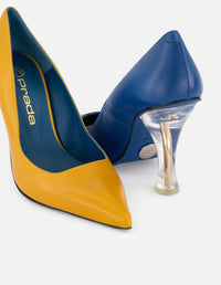 Zapatilla en piel napa color azul con tacón transparente para mujer