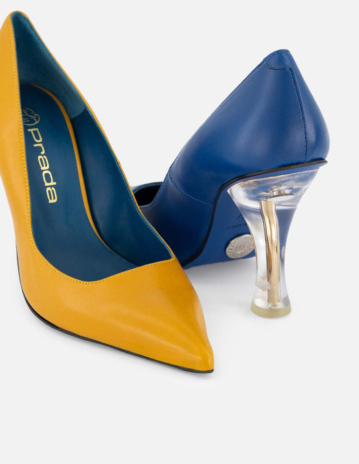 Zapatilla en piel napa color azul con tacón transparente para mujer