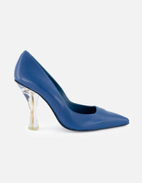 Zapatilla en piel napa color azul con tacón transparente para mujer
