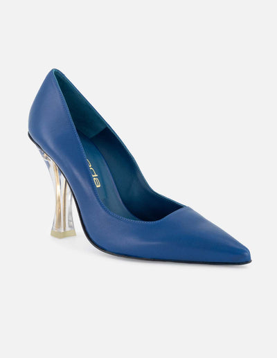 Zapatilla en piel napa color azul con tacón transparente para mujer