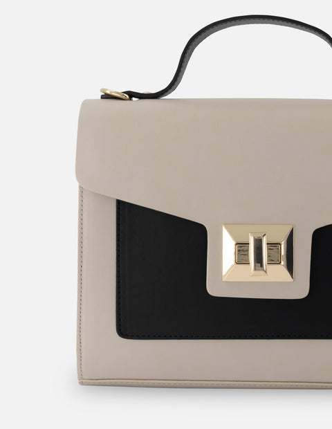 Bolso satchel de piel napa en contraste de colores para mujer
