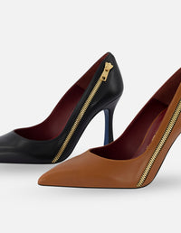 Zapatilla de piel color negro con detalle de cremallera para mujer