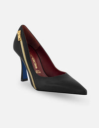 Zapatilla de piel color negro con detalle de cremallera para mujer