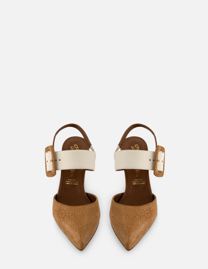 Destalonado en piel ante grabada color cuero para mujer