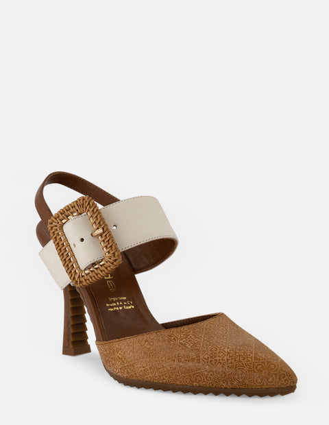 Destalonado en piel ante grabada color cuero para mujer