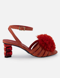 Sandalia de piel color rojo para mujer con pompón