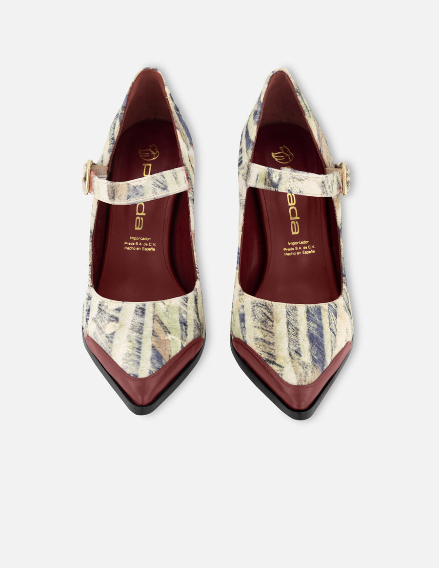 Zapatilla tipo salón de pelo con detalles color rojo para mujer