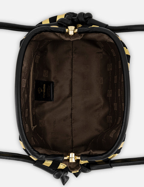 Bolso bowling color oro ante para mujer con líneas verticales