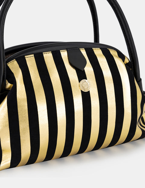 Bolso bowling color oro ante para mujer con líneas verticales