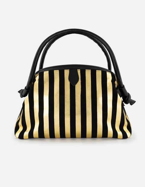 Bolso bowling color oro ante para mujer con líneas verticales