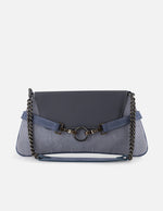 Clutch azul de ante para mujer con adorno color plateado