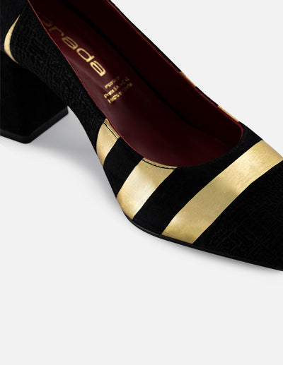 Zapatilla color oro de ante para mujer con líneas metalizadas