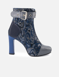 Botín de textil estampado goblino color azul con detalle de piel para mujer