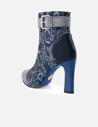 Botín de textil estampado goblino color azul con detalle de piel para mujer