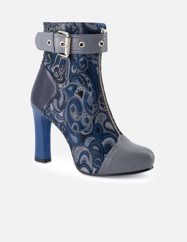 Botín de textil estampado goblino color azul con detalle de piel para mujer