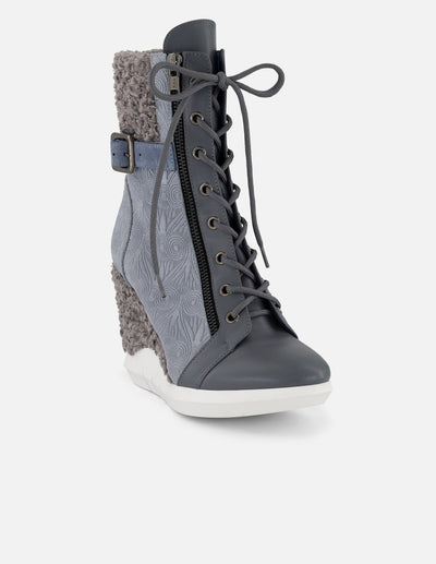 Botines azul en ante para mujer con interior sherpa y cuña alta