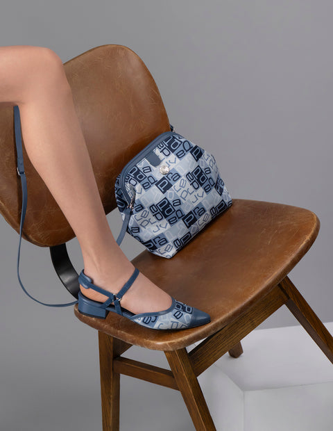 Bolso bowling de piel para mujer color azul con estampado textil Prada