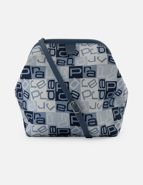 Bolso bowling de piel para mujer color azul con estampado textil Prada