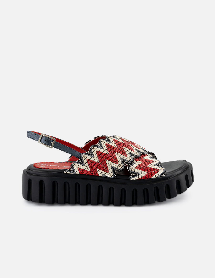 Sandalias de textil para mujer color rojo y contraste en color blanco y gris