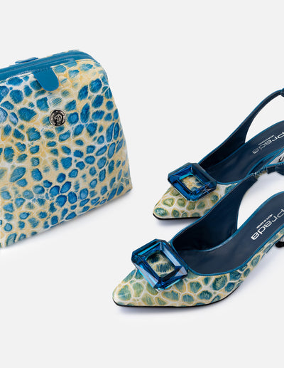 Bolso bowling de charol para mujer color azul con grabado tipo coco