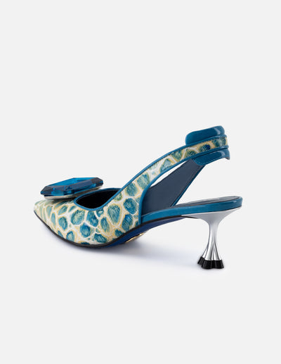 Zapatillas de charol para mujer color azul con grabado tipo coco y tacón acrílico