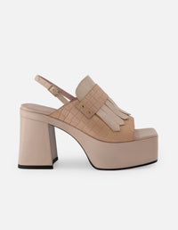 Zueco de piel para mujer colo nude con grabado tipo canasta