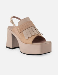 Zueco de piel para mujer colo nude con grabado tipo canasta