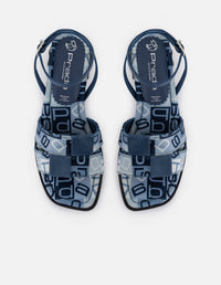 Sandalias de piel para mujer color azul con estampado textil Prada