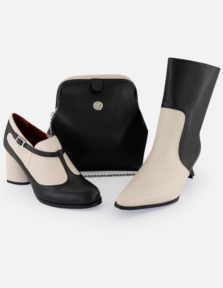 Botines bicolor piel de mujer punta en contraste