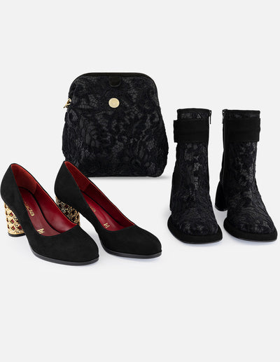 Botines negros encaje y ante de mujer adorno color dorado