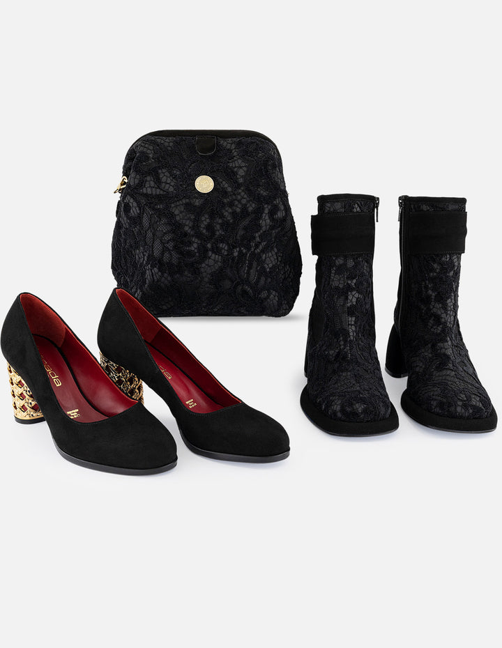 Zapatilla negra ante de mujer con tacón fantasía