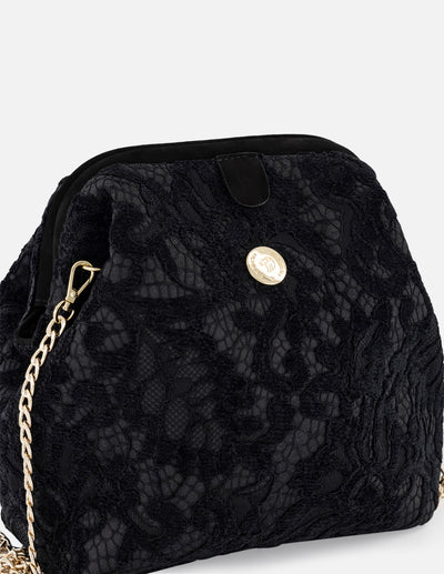 Bolso bowling negro textil de mujer con encaje