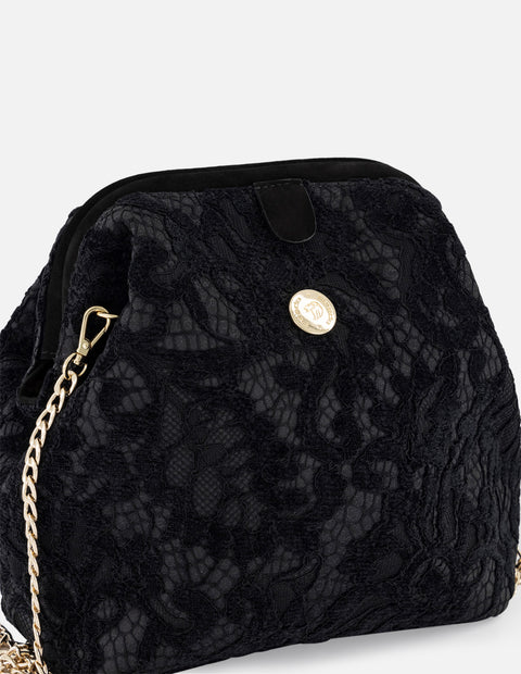 Bolso bowling negro textil de mujer con encaje
