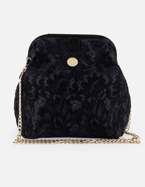 Bolso bowling negro textil de mujer con encaje
