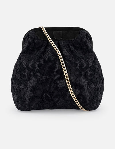 Bolso bowling negro textil de mujer con encaje