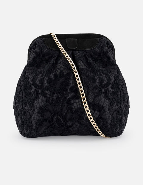 Bolso bowling negro textil de mujer con encaje