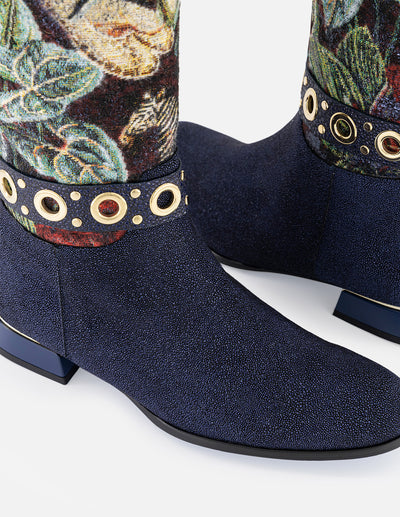 Botas multicolor textil flores de mujer con detalles color dorado