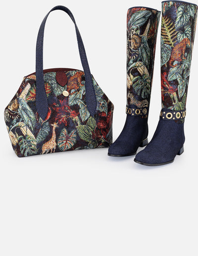 Botas multicolor textil flores de mujer con detalles color dorado