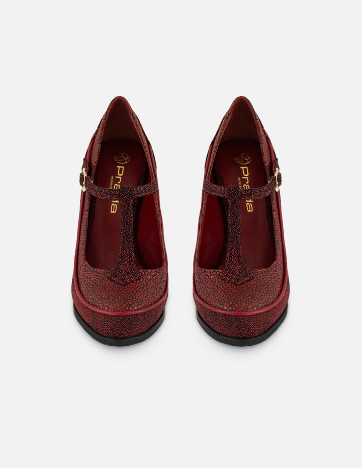 Mercedes rojo piel para mujer grabado tipo mantarraya